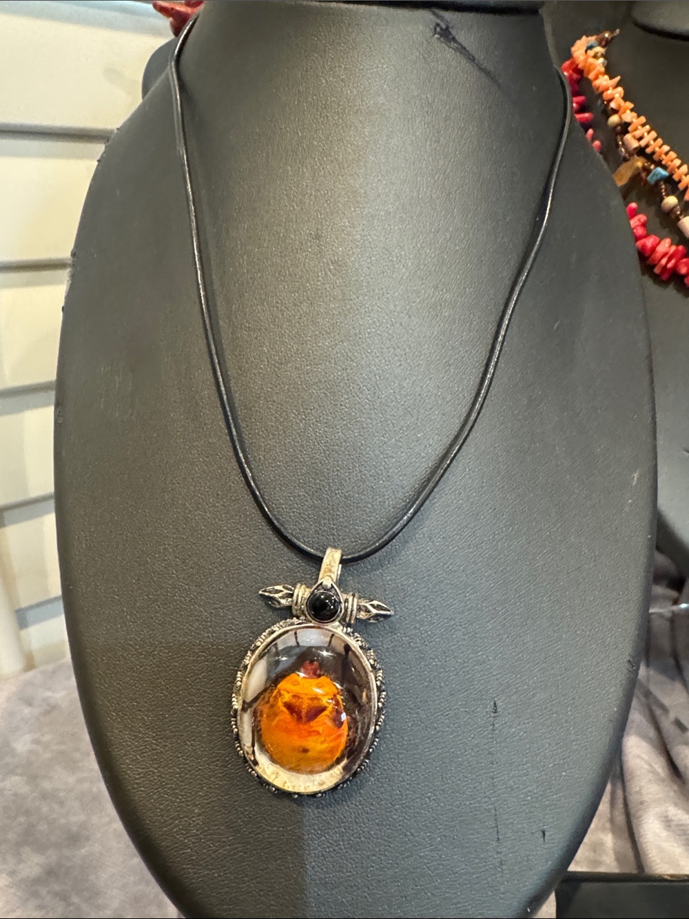 Flower Bug Glass Pendant Necklace in Orange and Black adjustable